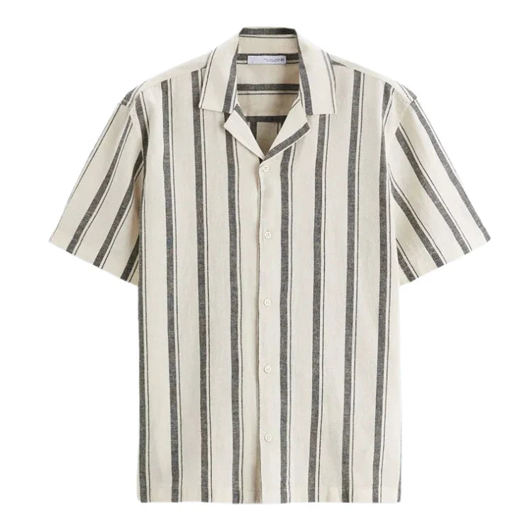 Camisa Masculina em Linho Listrada Bonzzano BZ359 com colarinho acampamento