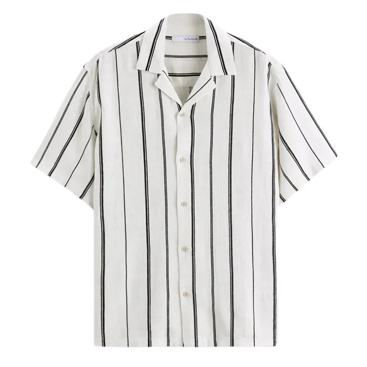 Camisa Masculina em Linho Listrada Bonzzano BZ359 com colarinho acampamento