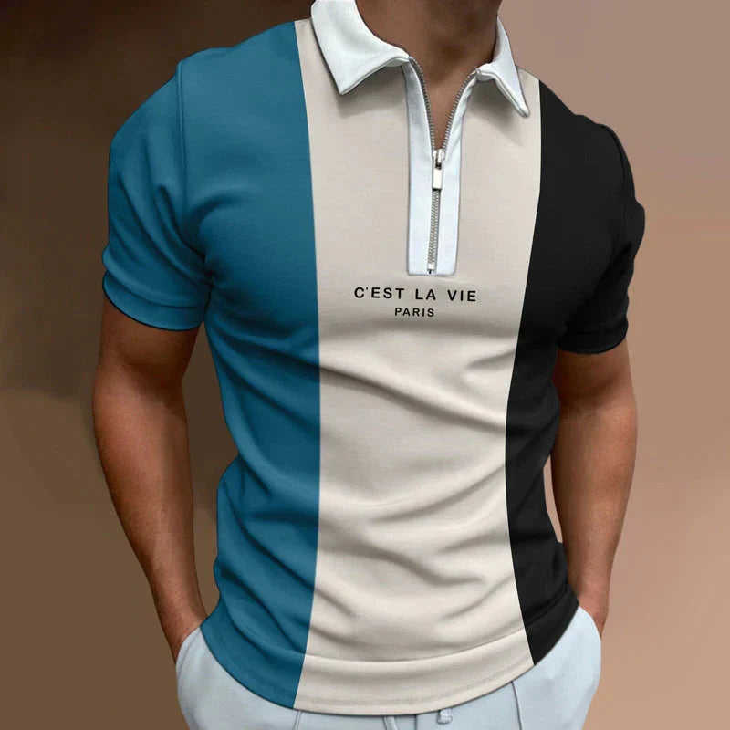 Camisa Polo Masculina Bonzzano BZ203 com estampa listrada e gola com zíper.