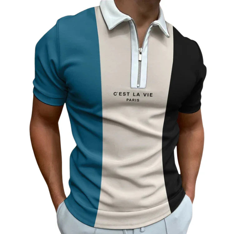 Camisa Polo Masculina Bonzzano BZ203 com estampa listrada e gola com zíper.