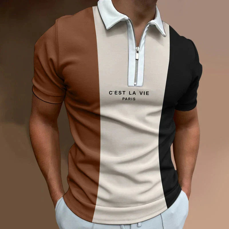 Camisa Polo Masculina Bonzzano BZ203 com estampa listrada e gola com zíper.