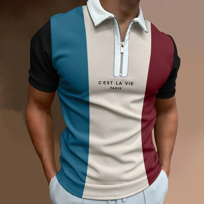 Camisa Polo Masculina Bonzzano BZ203 com estampa listrada e gola com zíper.