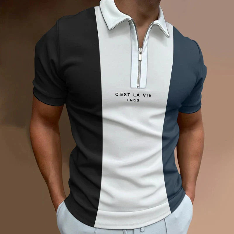 Camisa Polo Masculina Bonzzano BZ203 com estampa listrada e gola com zíper.