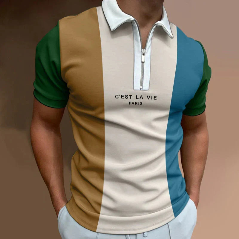 Camisa Polo Masculina Bonzzano BZ203 com estampa listrada e gola com zíper.
