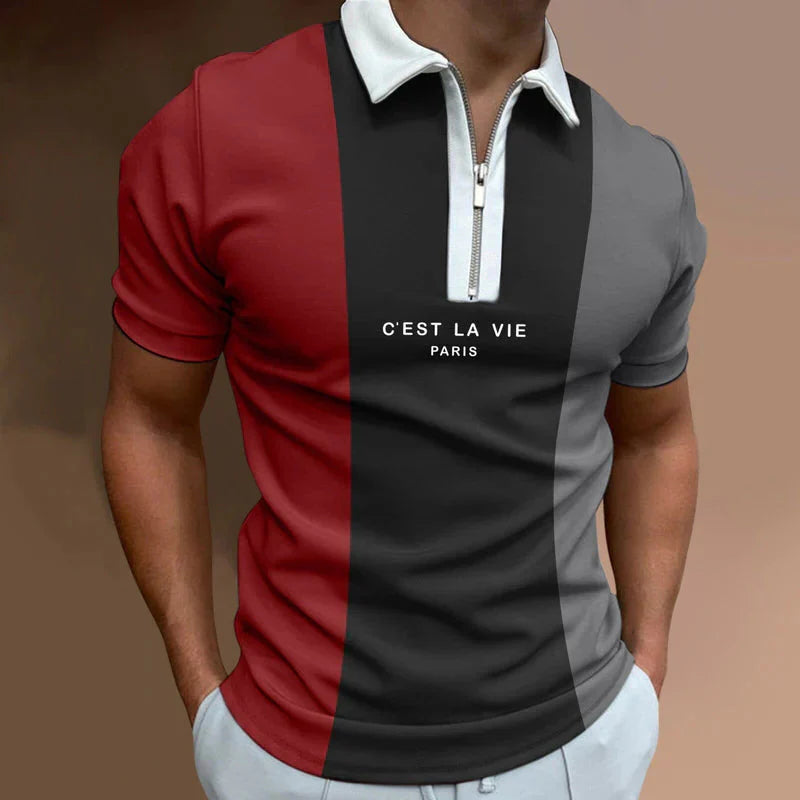 Camisa Polo Masculina Bonzzano BZ203 com estampa listrada e gola com zíper.