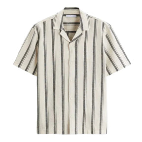 Camisa Masculina em Linho Listrada Bonzzano BZ359 com colarinho acampamento